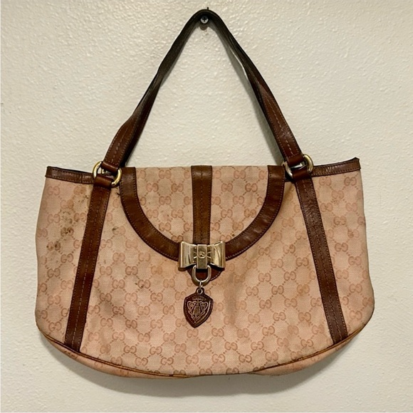 GUCCI VTG Duchessa Heart Bit Flap Shoulder Bag GG Monogram Canvas & Leather Y2K